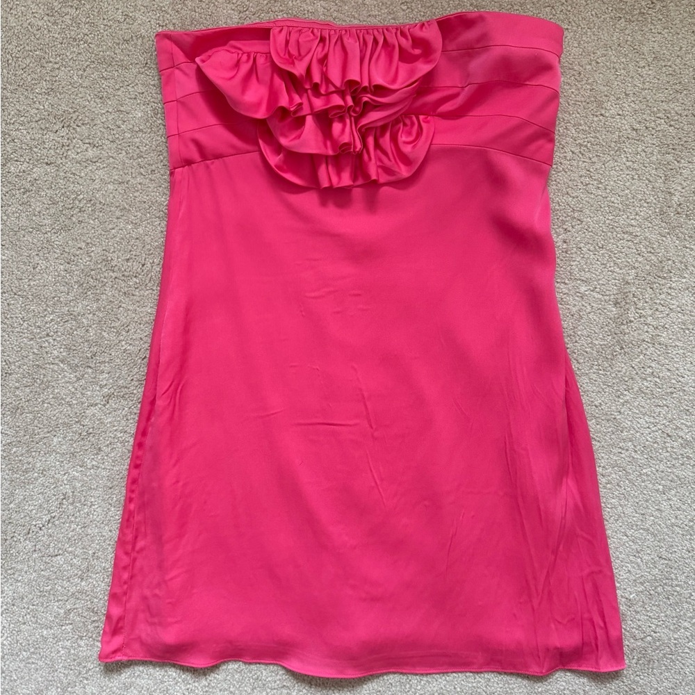 Y2K Alice + Olivia hot pink silk satin strapless bib ruffle mini dress 94% Silk